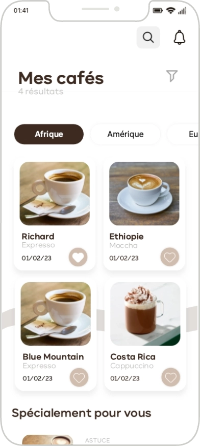 Screen de l'application Mailliard sur la page "mes cafés"